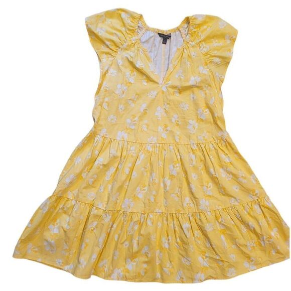 Banana Republic Dress Women's Small Yellow Floral Print Tiered Mini Poplin - Picture 1 of 4